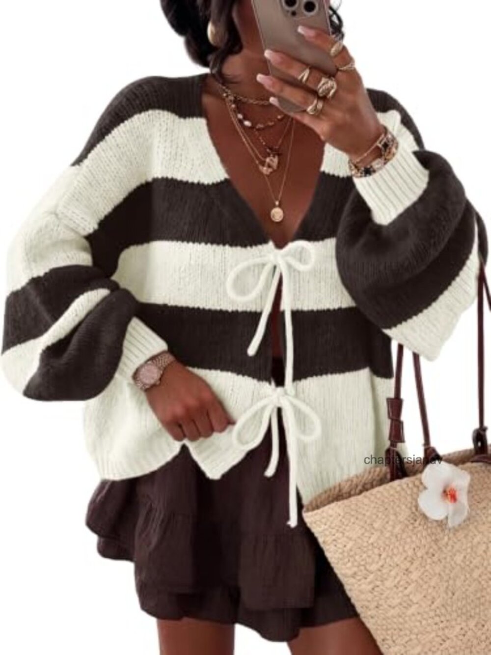 Oversized Striped Chunky Knit Cardigan V-Neck Bow Tie Fall Sweater